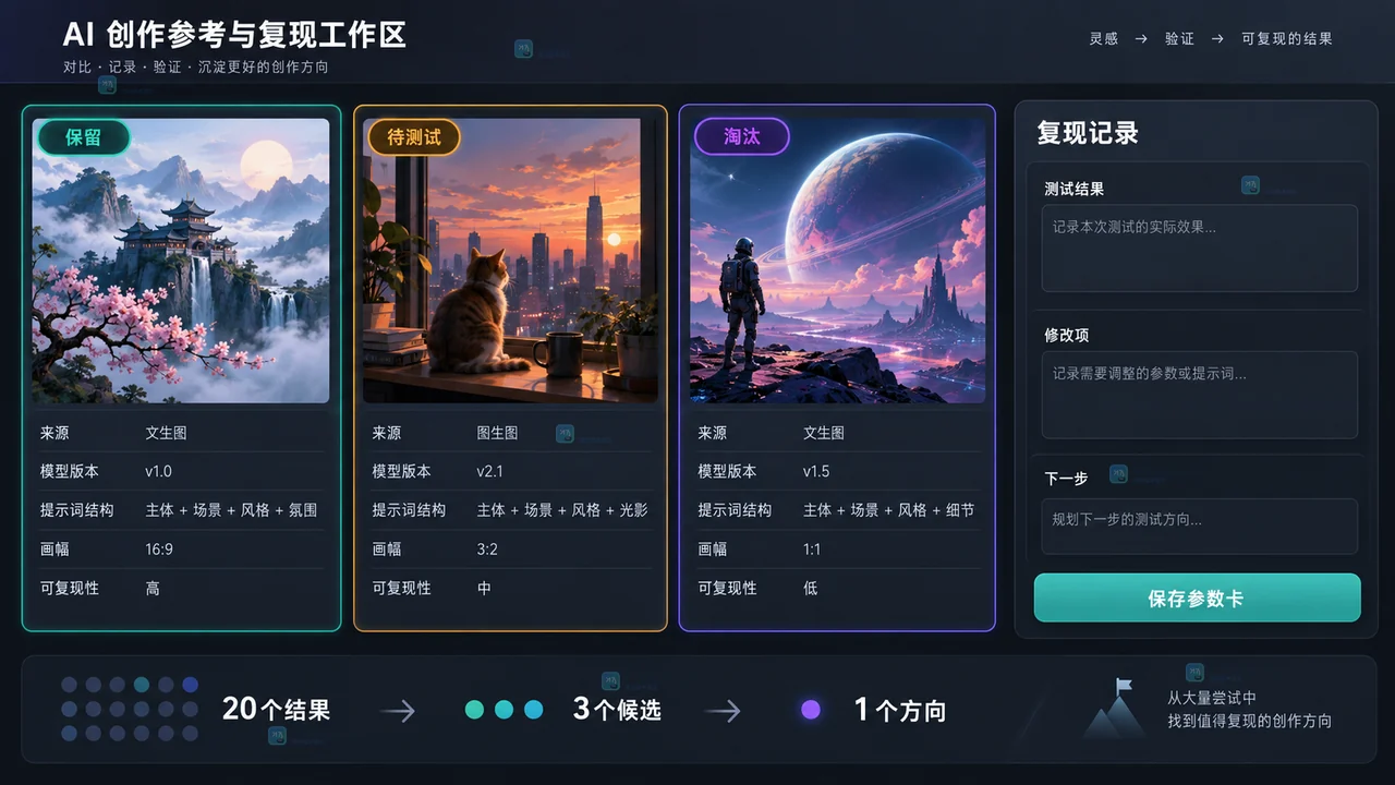 LiblibAI社区三项候选按来源、模型版本、提示词结构和小图测试结果比较的原创界面示意