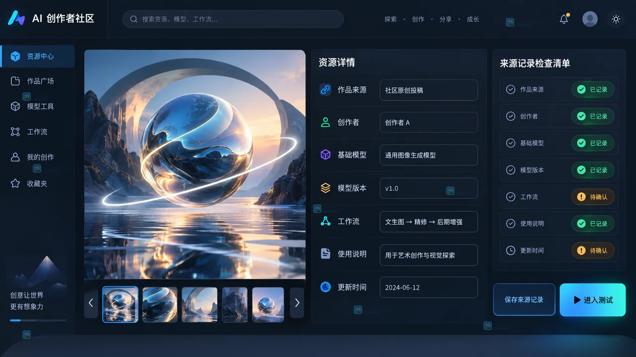 LiblibAI社区参考记录作品来源、创作者、模型版本、工作流和使用说明的原创界面示意