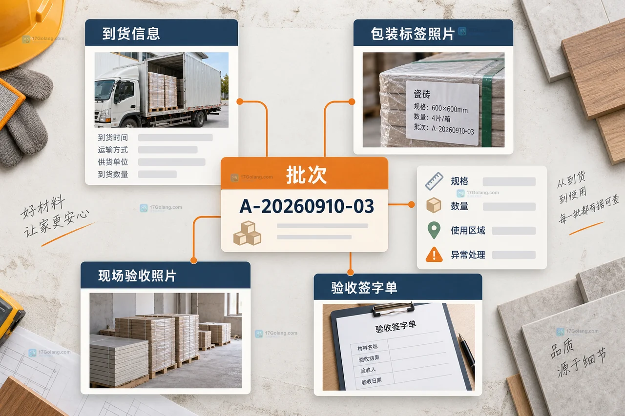 装修材料正常批次与异常批次保留原记录并追加破损照片处理意见复验结果的原创说明图