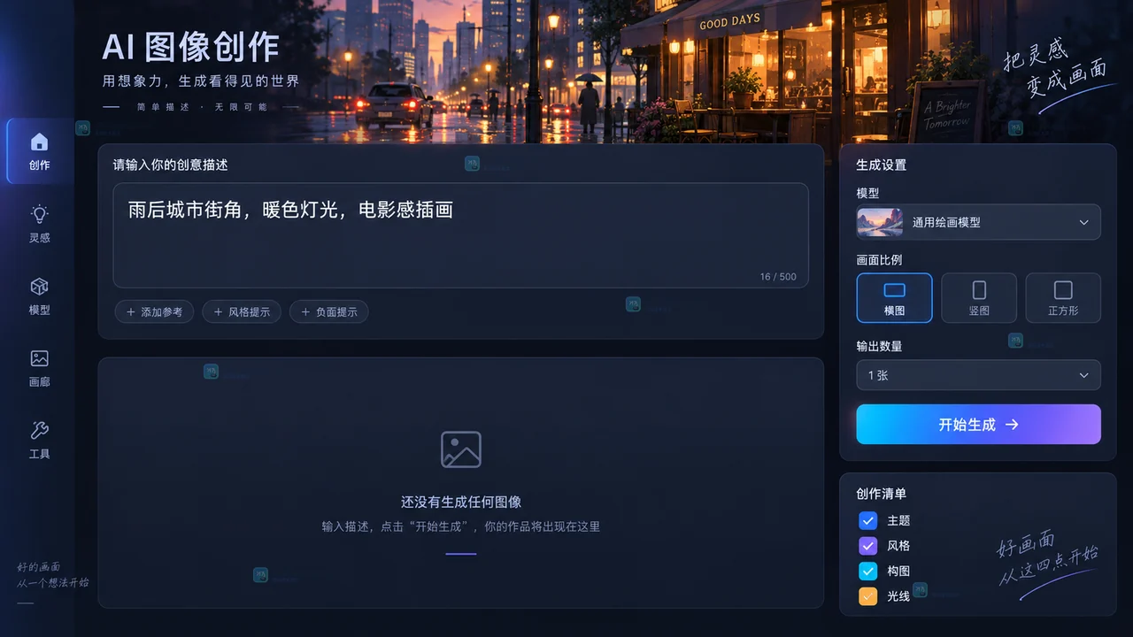 LiblibAI AI绘画新手设置提示词、模型、横图和单张输出的原创界面示意