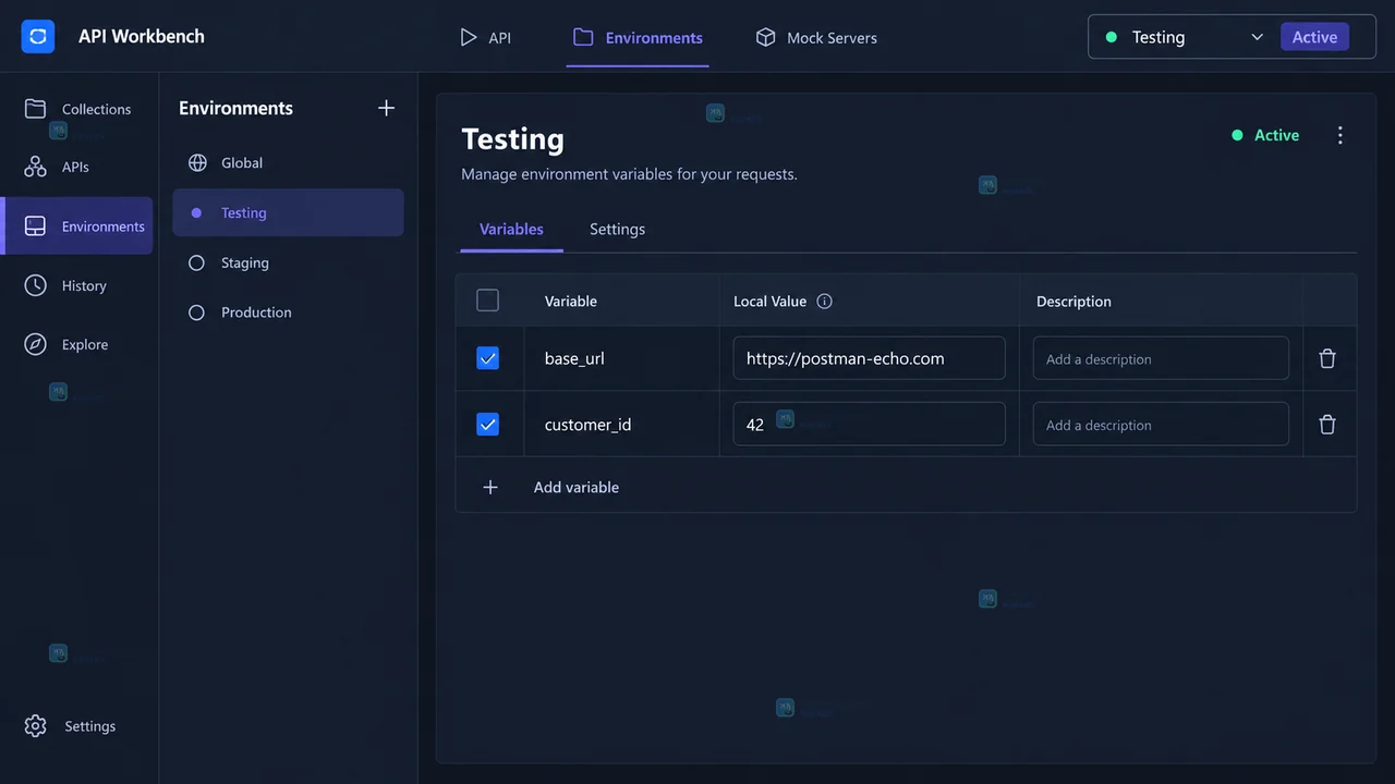 Postman GET 请求 Params 表格引用 customer_id 环境变量并显示 Testing 本地值 42