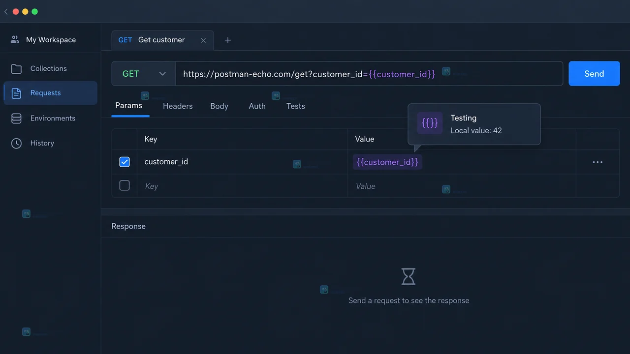 Postman 发送请求后最终 URL 使用 customer_id=42 且响应 JSON args 回显 42