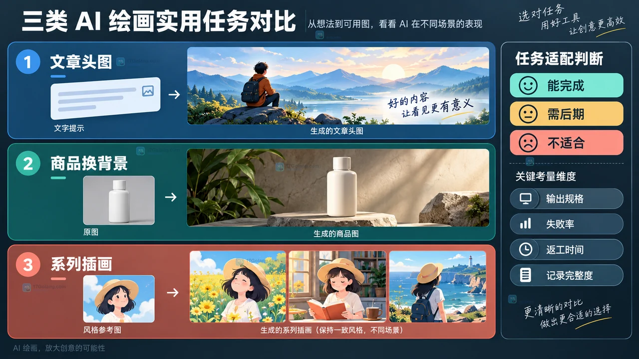 用文章头图、商品换背景和系列插画测试AI绘画工具的原创示意图