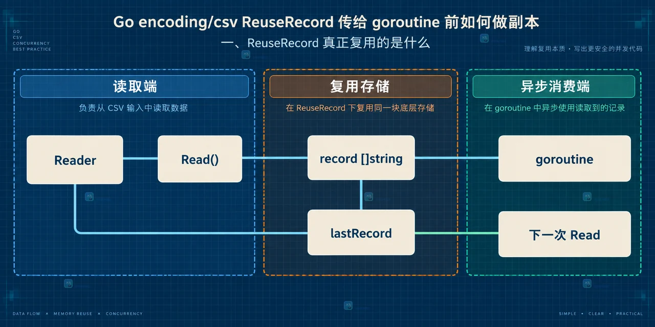 Go encoding/csv ReuseRecord 传给 goroutine 前如何做副本
