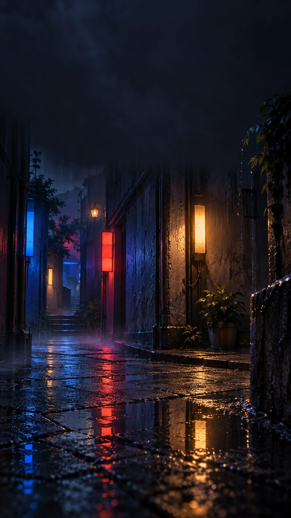 雨后霓虹巷口低机位手机壁纸变体,彩色抽象光块沿斜线落在下三分之一