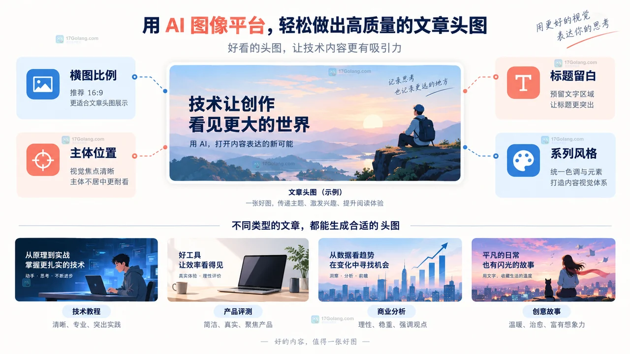 LiblibAI制作文章头图时横图比例、主体位置、标题留白和系列风格的原创示意图