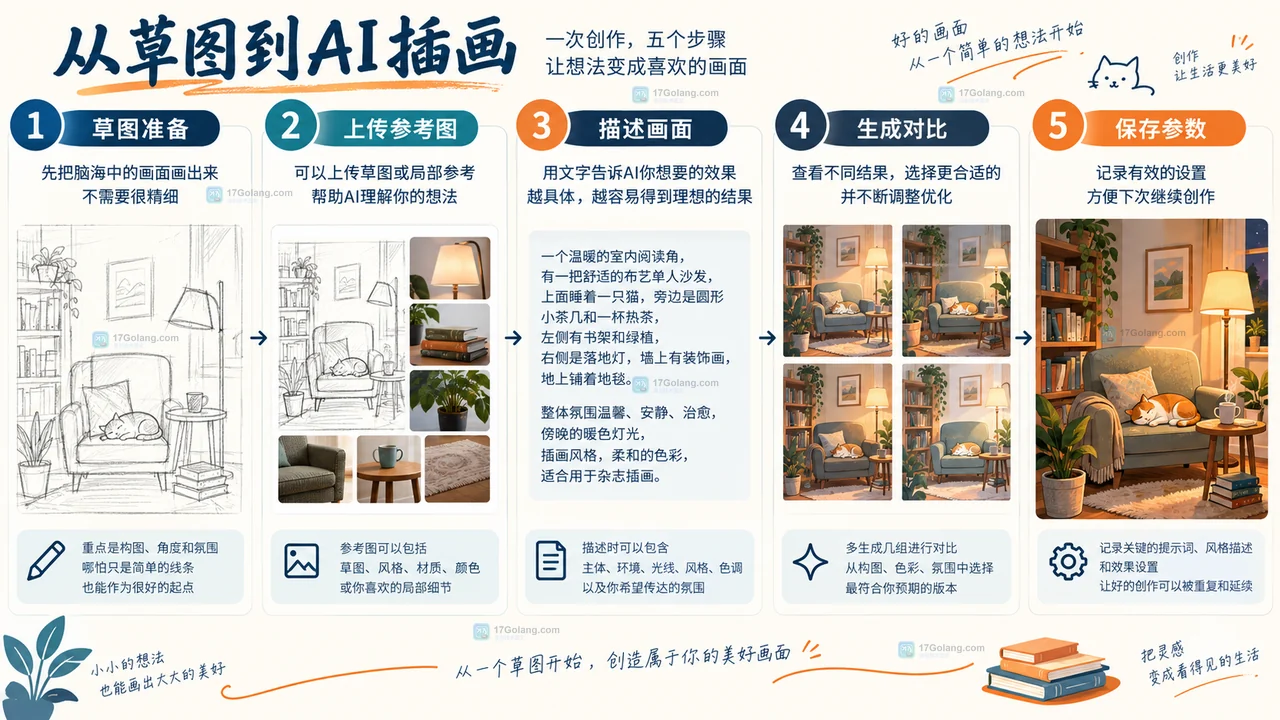 LiblibAI从草图准备到上传参考、描述画面、生成对比和保存参数的原创步骤图