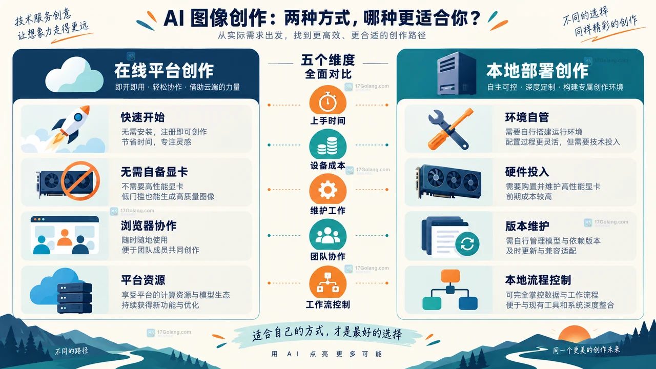 AI画图在线平台与本地部署从上手、设备、维护、协作和控制五方面比较的原创示意图