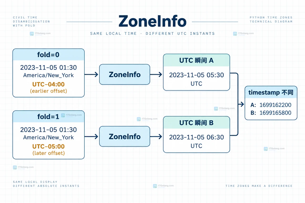 Python datetime fold 在重复本地时间中区分回拨前后两个 UTC 偏移的静态关系图