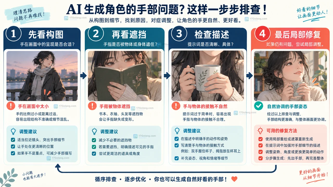 LiblibAI生成人物手部异常时从构图、遮挡、动作描述到局部修复的原创排查图