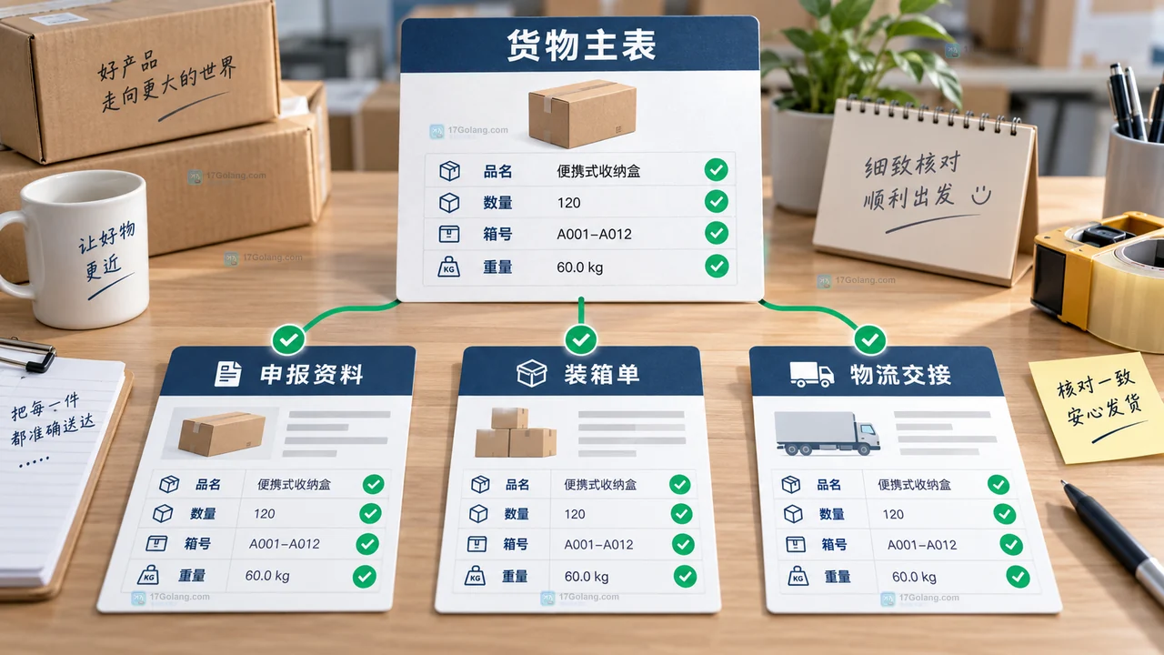 跨境电商发货前申报资料、装箱单和物流交接单围绕货物主表核对品名数量箱号重量的原创关系图