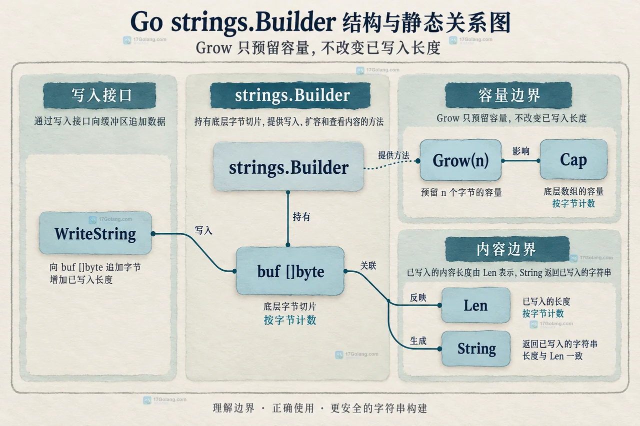 Go 非零 strings.Builder 的值复制、addr、copyCheck 与 panic 约束关系图