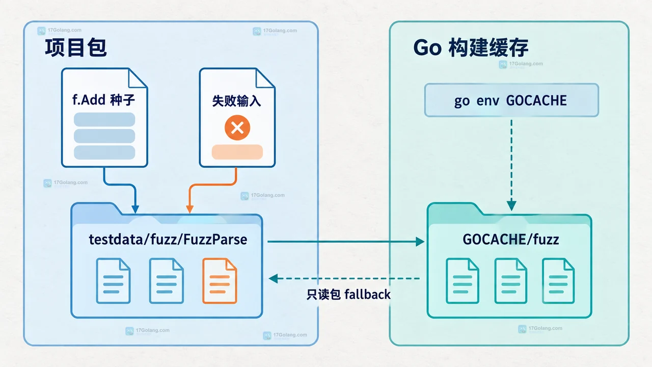 Go fuzz corpus v1 类型行、FuzzParse 哈希和 go test -run 精确重放关系图