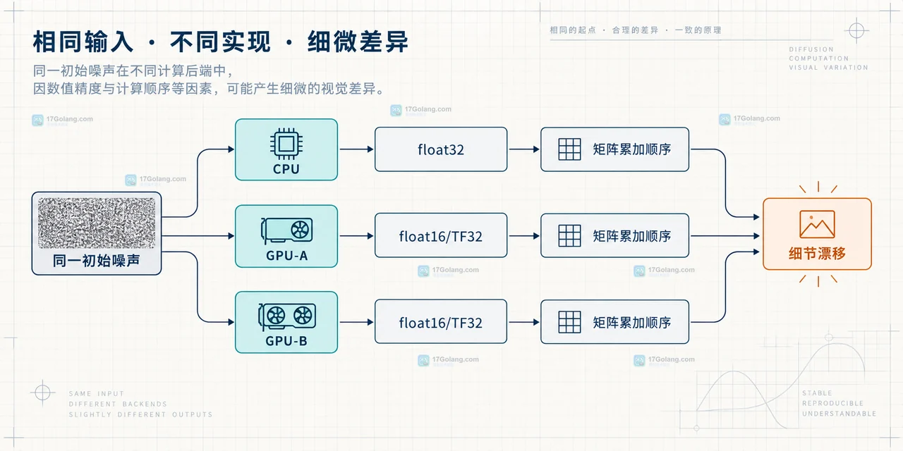 扩散模型 CPU Generator 产生初始噪声并进入文本条件、scheduler 与去噪网络的关系图