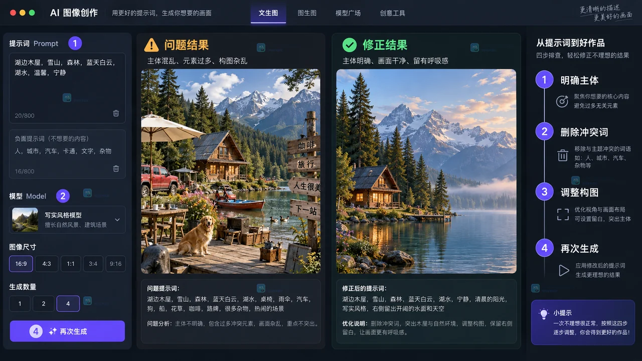 LiblibAI文生图问题结果与修正结果的提示词和构图排查界面