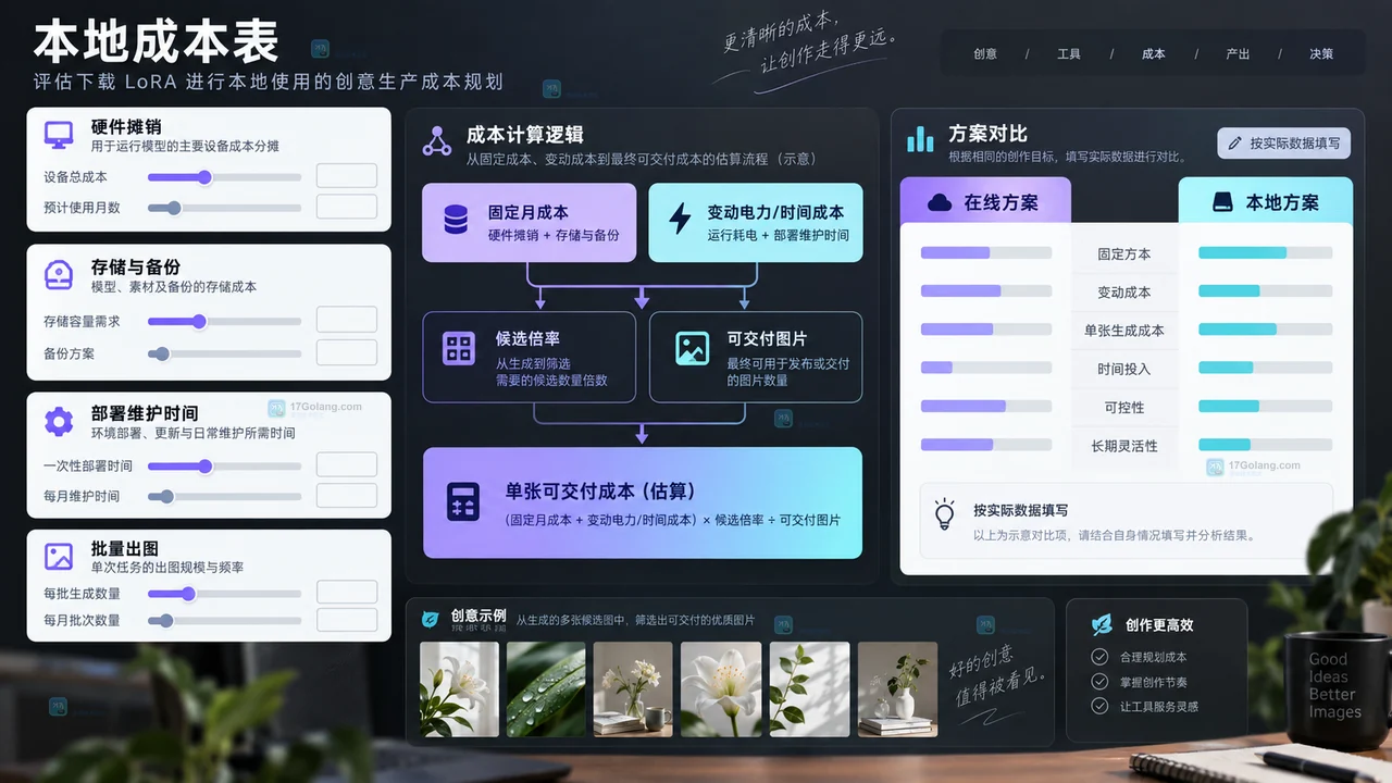 本地LoRA生成成本表展示硬件摊销存储维护候选倍率和可交付图片关系