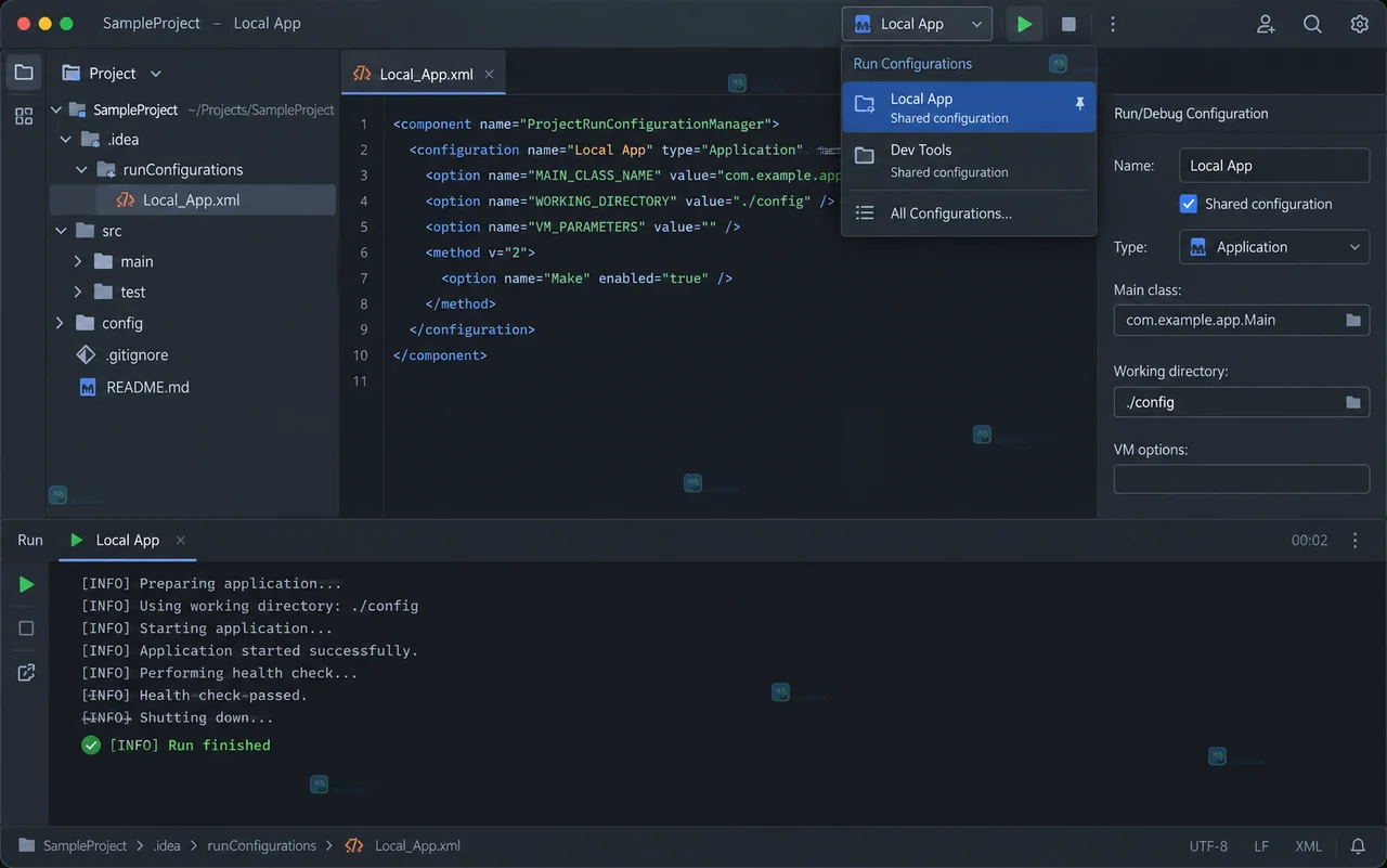 JetBrains IDE Run/Debug Configurations 中显示程序参数、环境变量和工作目录的操作示意图