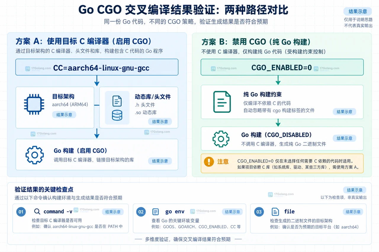 Go 交叉编译中 CC 目标编译器与 CGO_ENABLED=0 两种方案及 file 目标架构检查的结果示意图