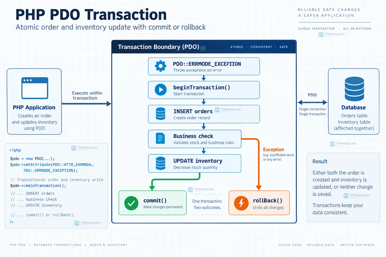 PHP PDO 事务结果示意中展示 commit 成功、rollBack 异常分支和 DDL 隐式提交警告