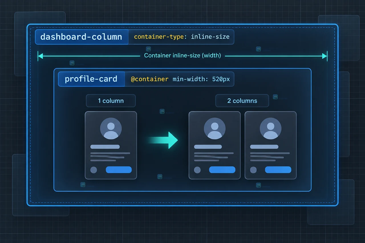 CSS container query 嵌套作用域示意:命名的 member-panel 容器命中条件后切换 profile-card 两列布局