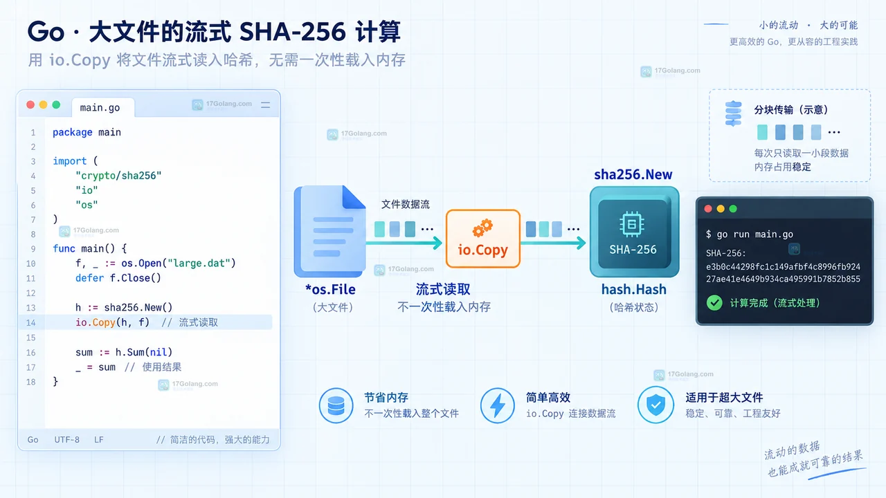 Go 大文件 SHA-256 流式计算后的字节数、摘要值和完整性核对结果示意图