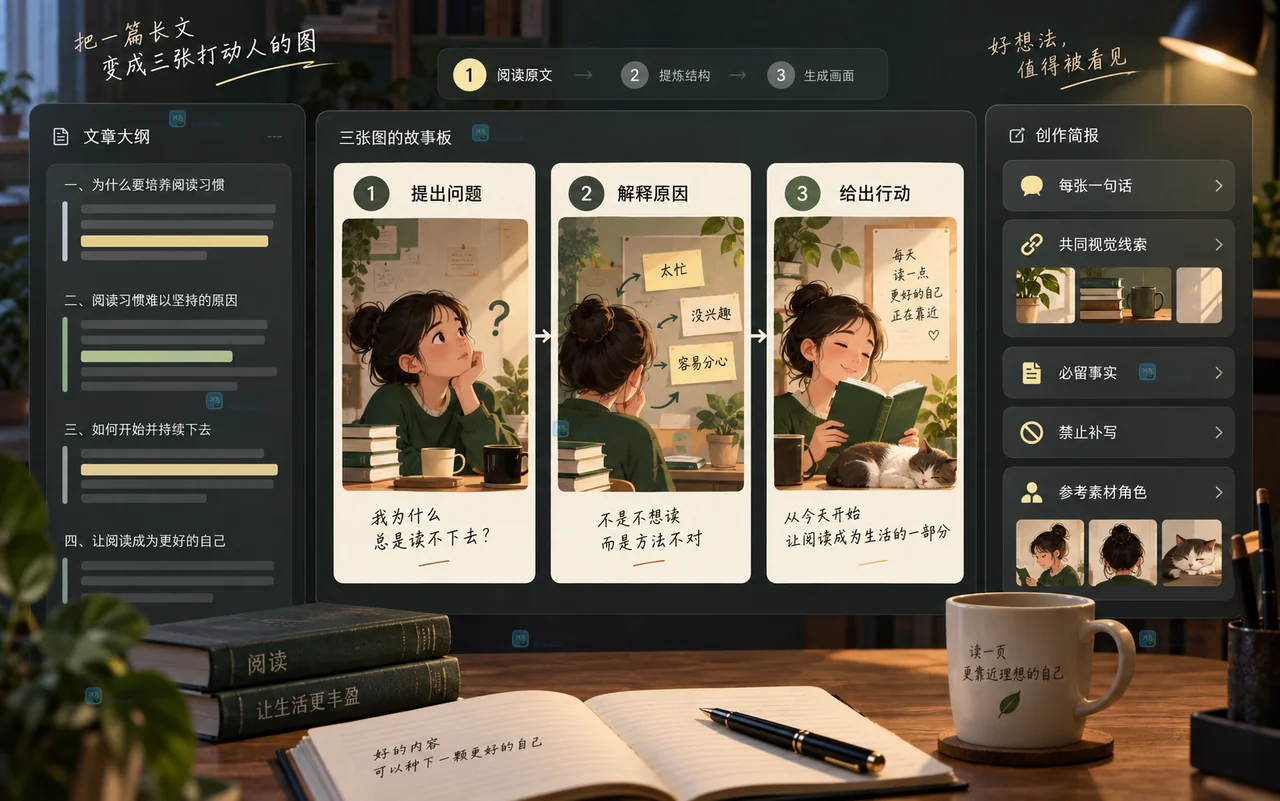 自媒体第一次用Lovart做图文卡片，如何把长文拆成三张连贯配图？