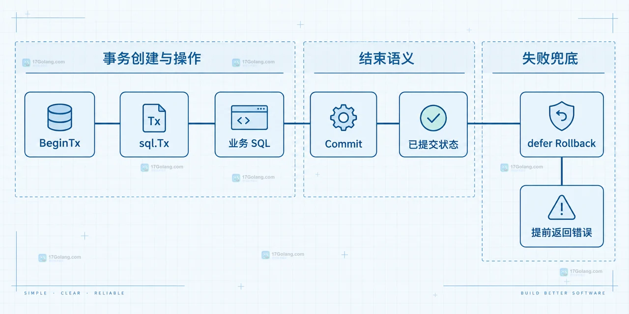 Go sql.Tx 事务边界示意图,展示 BeginTx、业务 SQL、Commit 与 defer Rollback 的静态关系