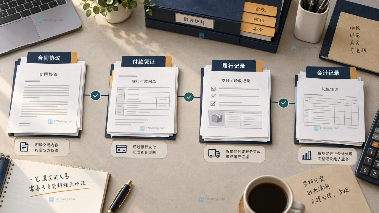 企业财务复核报销缺失单据时按必备资料、补强资料和待确认事项分层的清单示意图