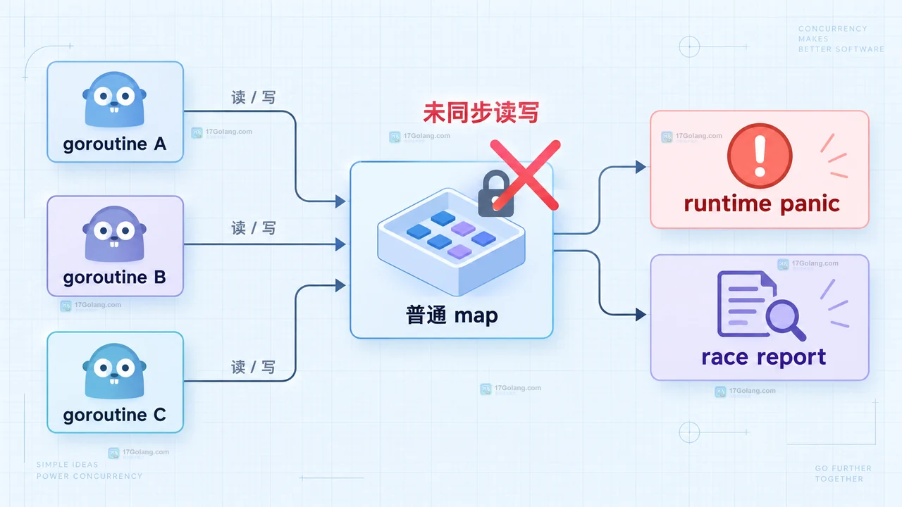 Go map 并发缓存修复后运行 go test -race 的测试结果示意，显示并发用例通过与验收检查项