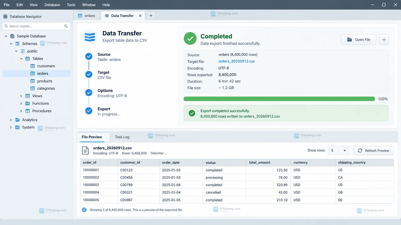 DBeaver 大表 CSV 导出的 Extraction settings 界面示意,展示 Fetch size、Multiple queries 和 Segment size 的分批配置