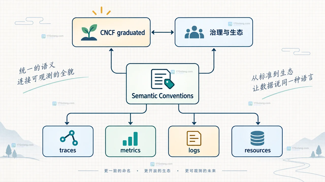 OpenTelemetry 资源层、信号层和检查层的统一命名清单示意图