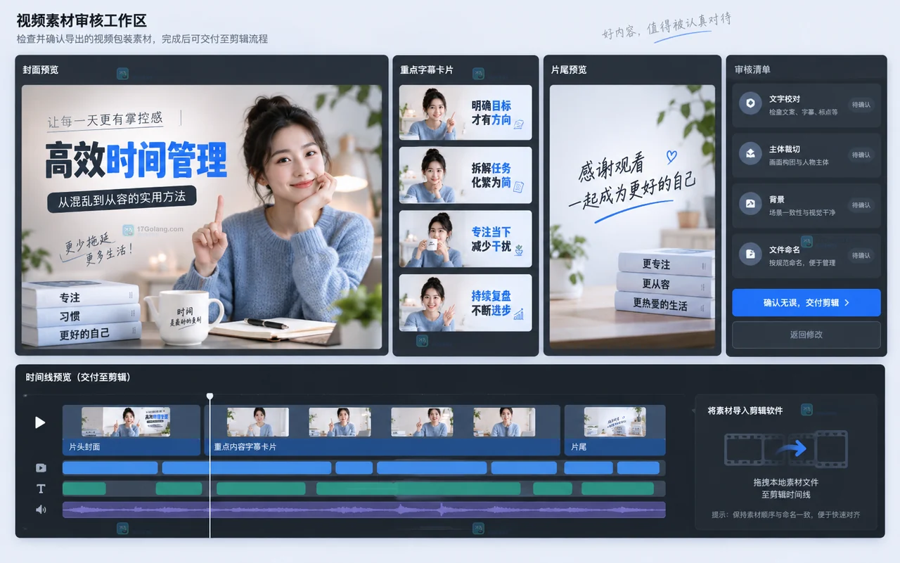 口播视频包装素材导出与剪辑预览结果示意图