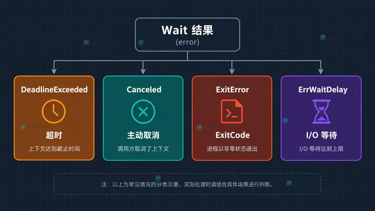 Go exec.CommandContext 中 Context 取消信号、Cmd 进程和 Wait 退出确认之间的关系示意图