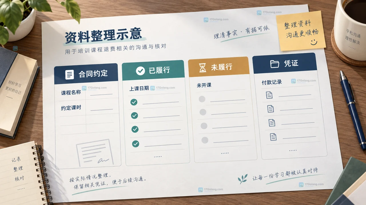 教育培训退费沟通中合同约定已履行未履行和凭证四栏资料清单示意图