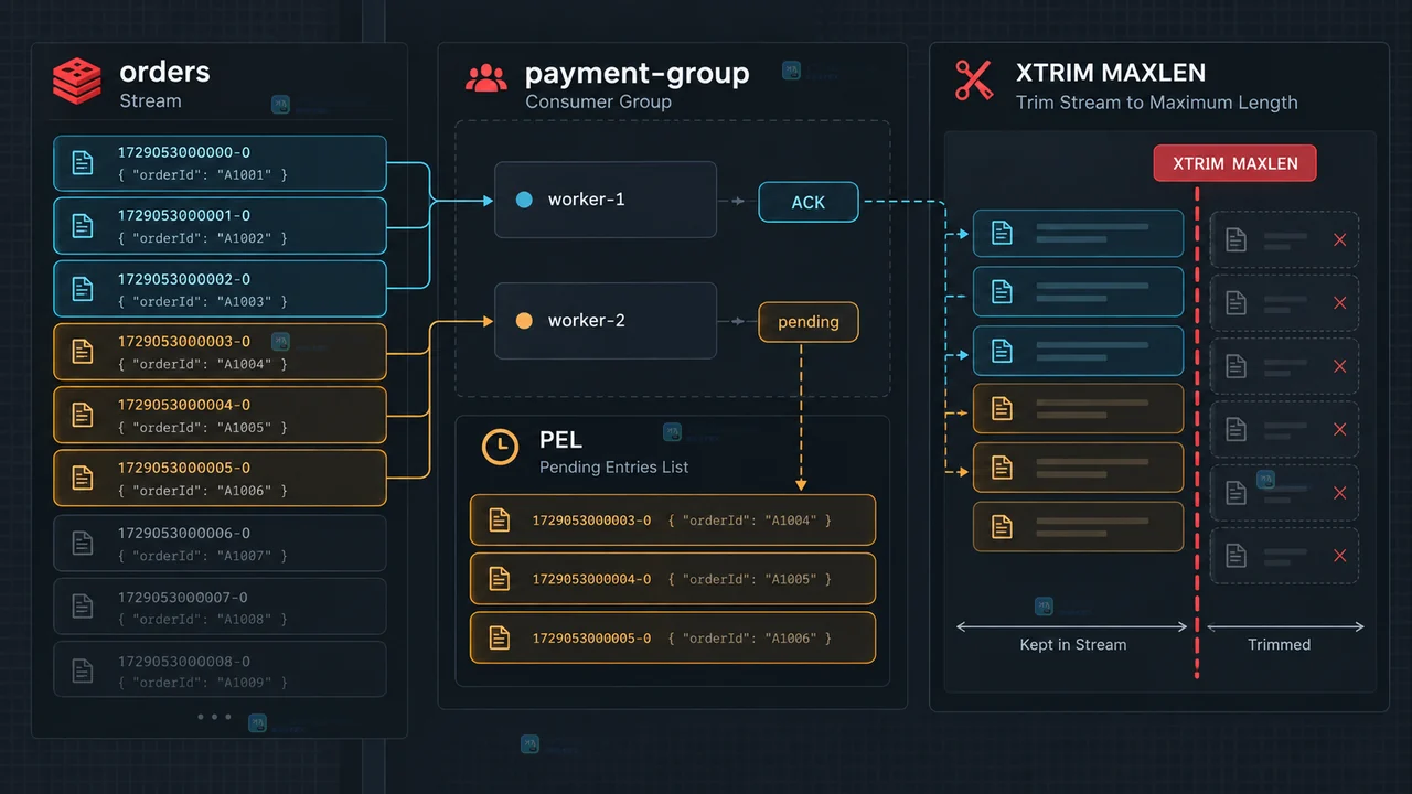 Redis Stream XTRIM 结果示意:ACKED、KEEPREF、DELREF 对消息和 PEL 引用的不同影响