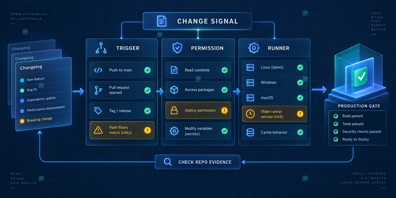 从 GitHub Changelog 到 workflow 权限运行器和灰度检查的生产流水线证据链示意图