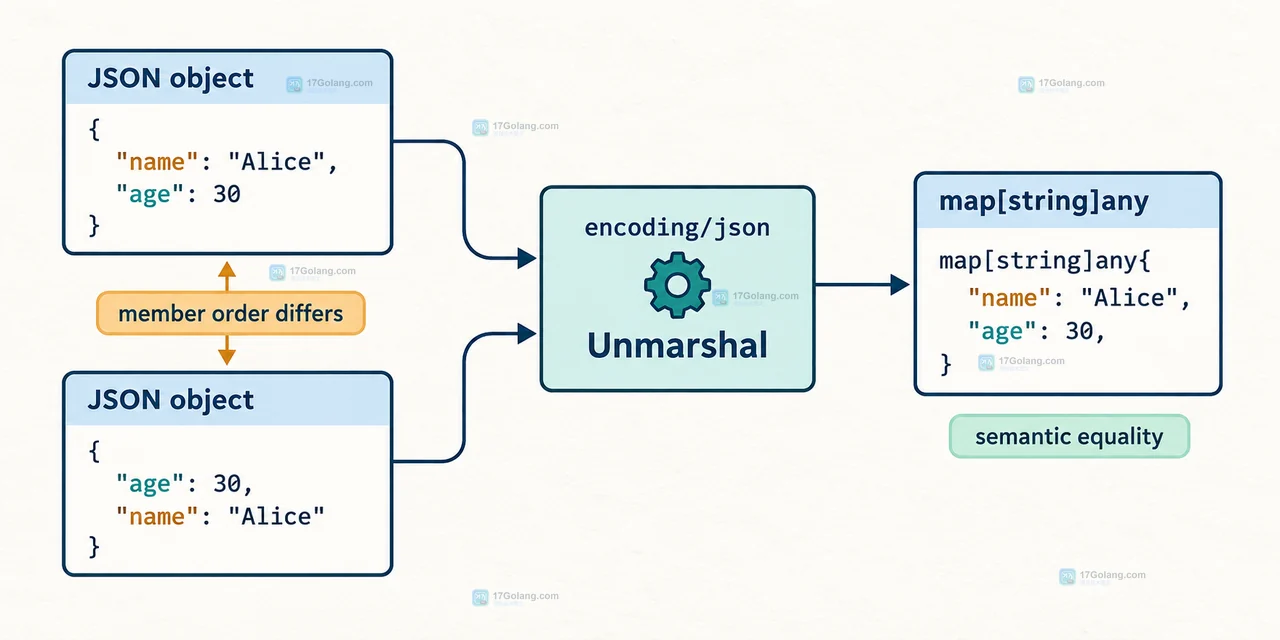 Go JSON 测试中结构语义比较、差异输出和字节级快照的边界关系示意