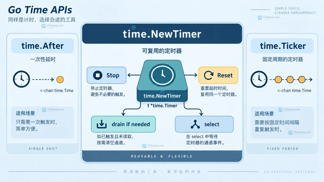 Go time.After 循环创建新 Timer 和 C channel 的生命周期结构示意图