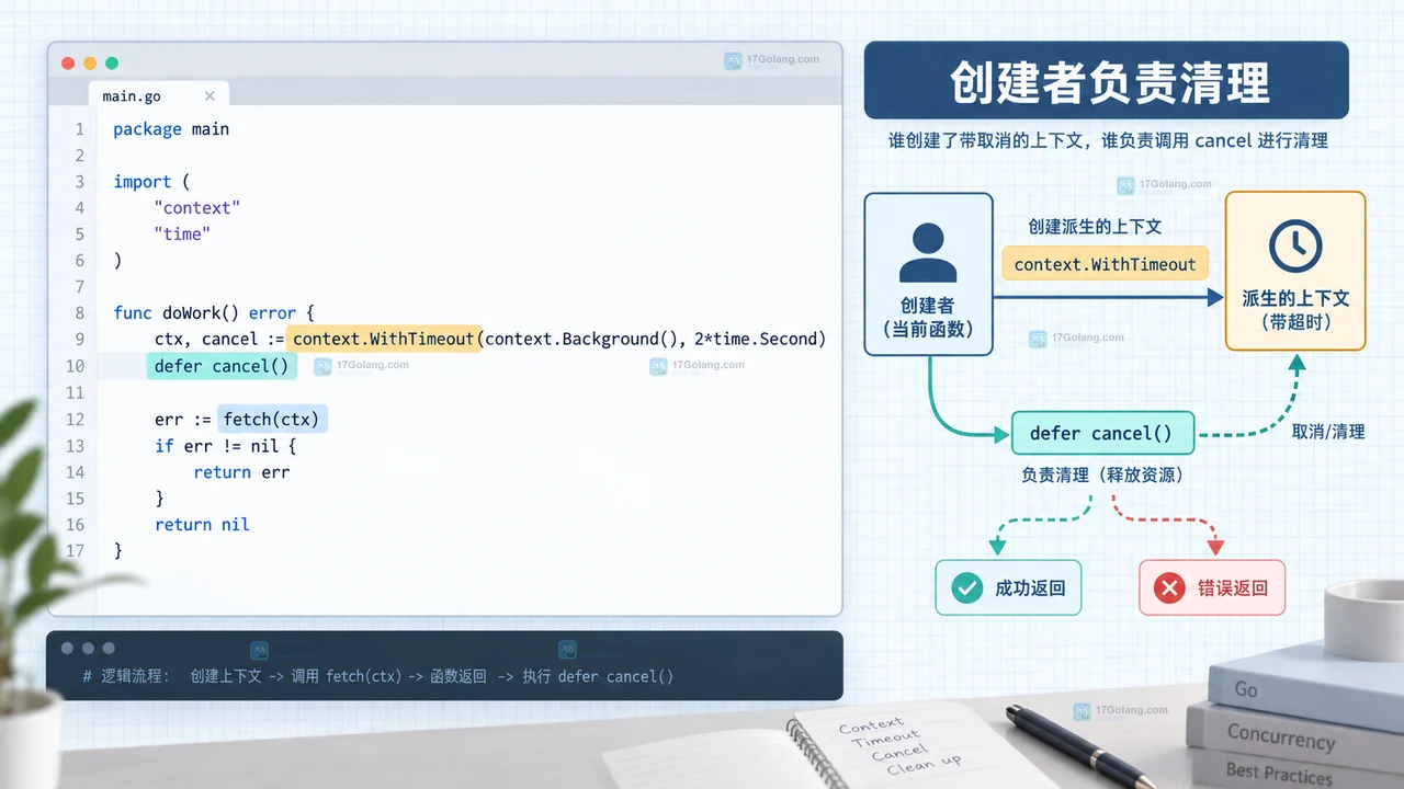 Go parent child context、timer、Done closed 与 release resources 的生命周期结果示意