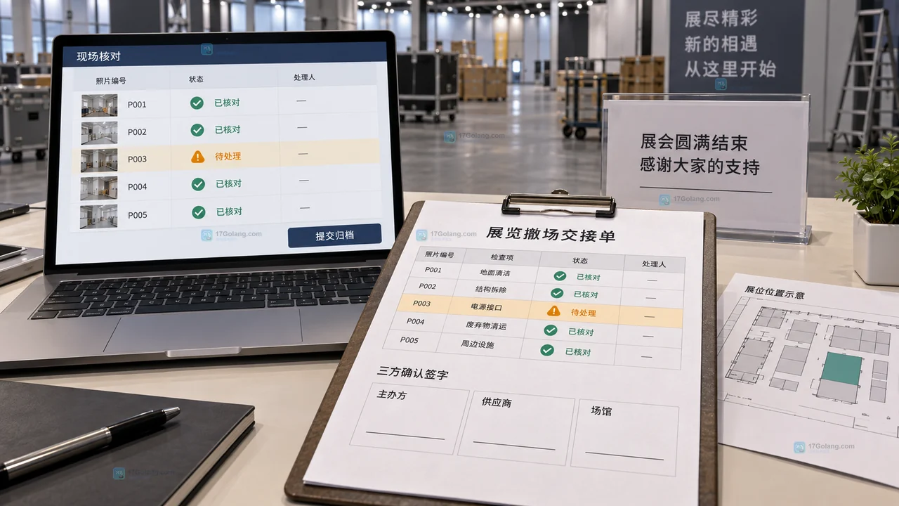 展会撤展交接中设备物料场地费用四类清单及责任字段示意图