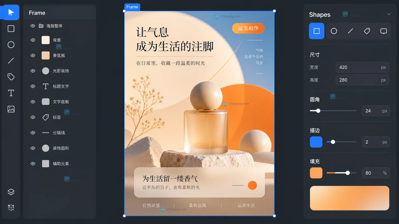 Lovart画布怎么用文字和形状搭海报？Text、Shapes与图层整理步骤