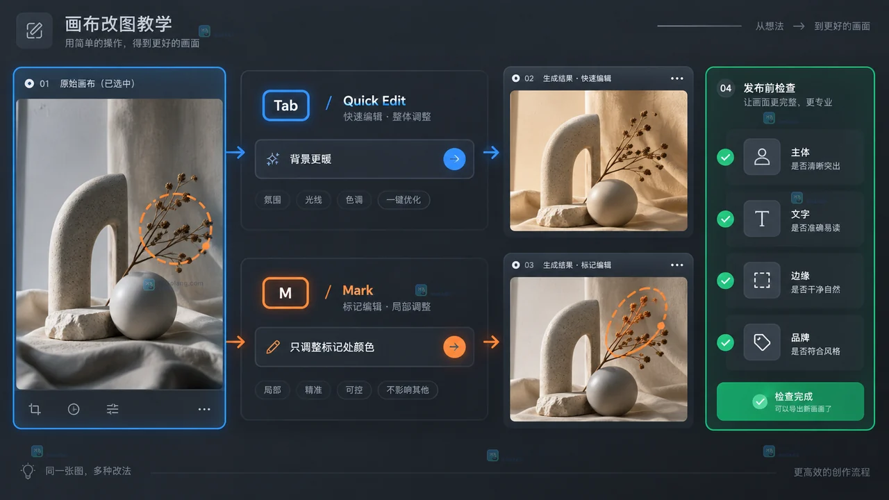 Lovart使用Quick Edit与Mark局部修改的步骤示意图