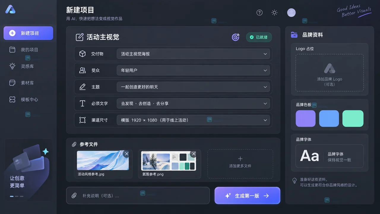 Lovart新项目任务卡参考文件与Brand Kit设置操作示意图