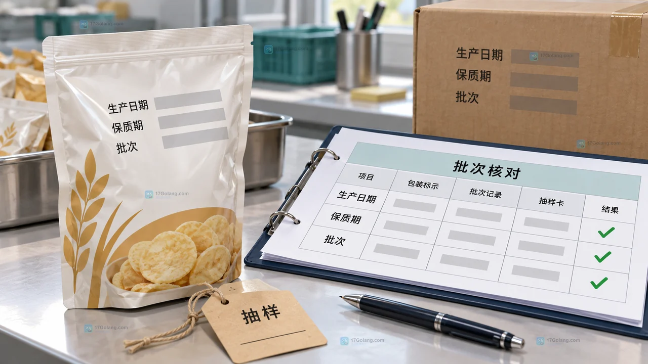 小食品作坊在包装工作台核对名称配料日期批次和贮存条件的原创说明图