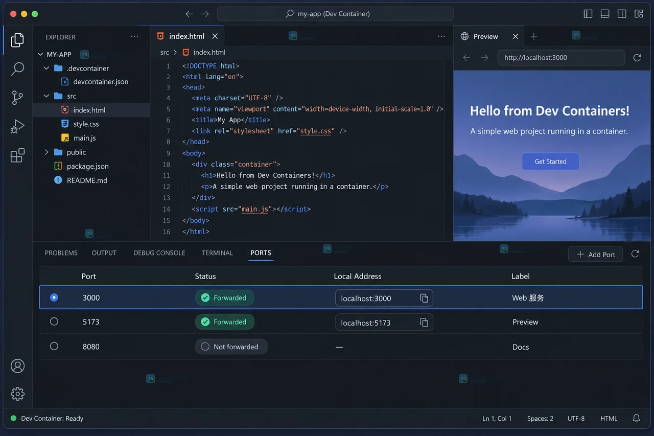 VS Code Dev Containers 端口怎么配置或排查