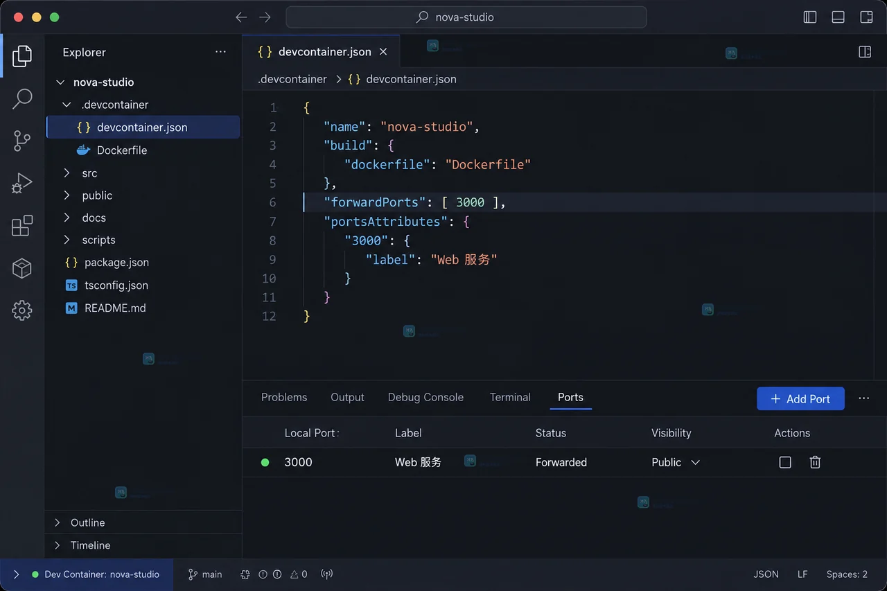 VS Code Dev Containers 端口转发结果示意,Ports 面板显示 3000 已转发和本地访问地址