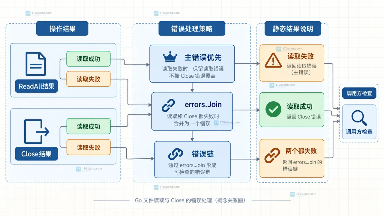 Go defer、命名返回值、主流程错误和 Close 返回值之间的边界关系示意图