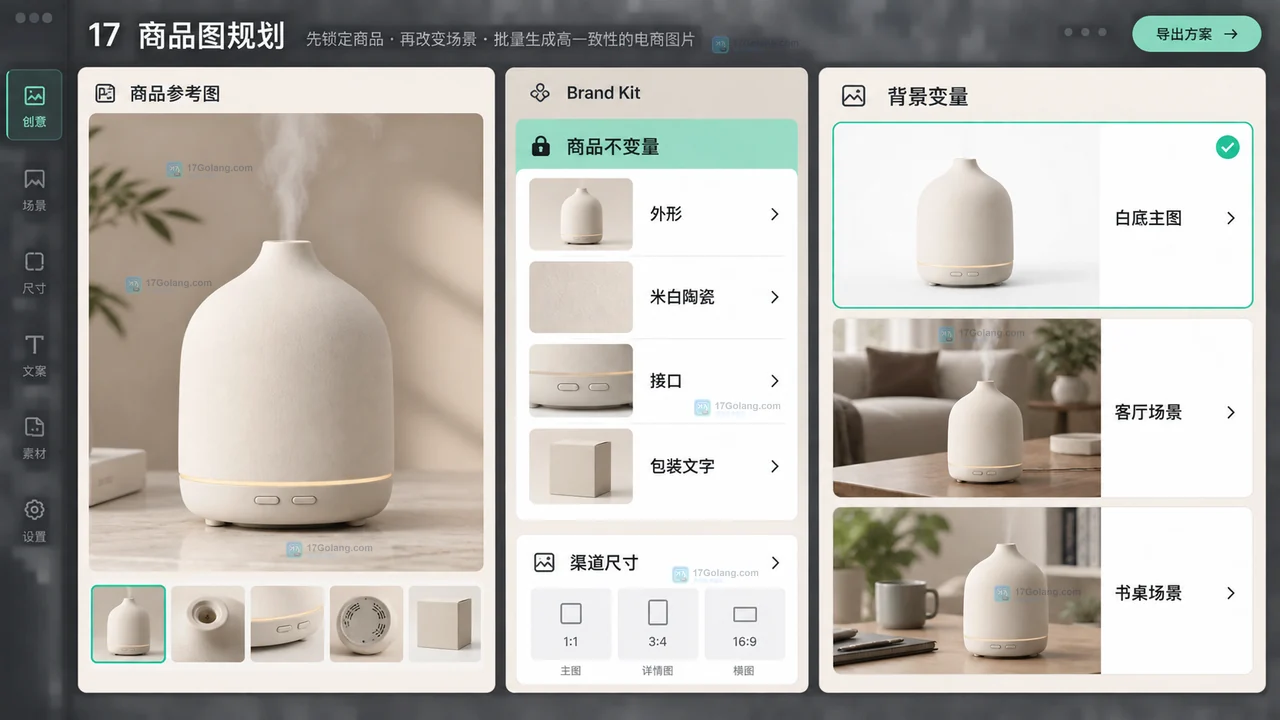 Lovart电商商品图不变量与背景变量规划操作示意图