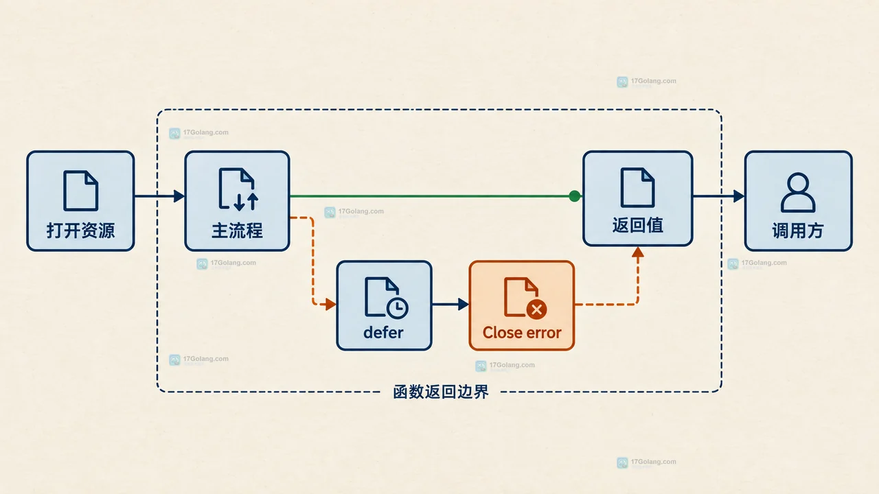 Go 循环资源清理中小函数作用域、逆序关闭、错误遮蔽和诊断记录的关系示意图