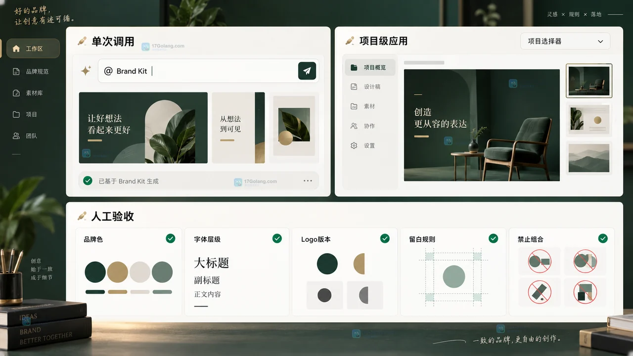 Lovart Brand Kit单次调用与项目级应用验收矩阵示意图